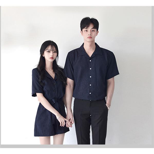 ペアルック シャツ カップル ワンピース ミモレ丈 お揃い 半袖 夏 ペア 可愛い おでかけコーデ   着痩せ ご夫婦 結婚記念 |  | 06