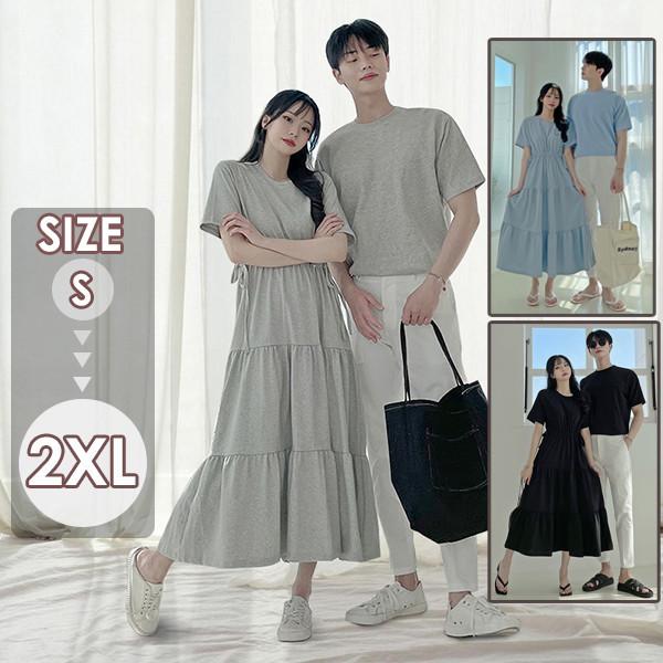 ペアルック Tシャツ カップル ワンピース ロング丈 お揃い 半袖 夏 ペア 可愛い おでかけコーデ  新婚旅行 ペアＴシャツ 着痩せ | 