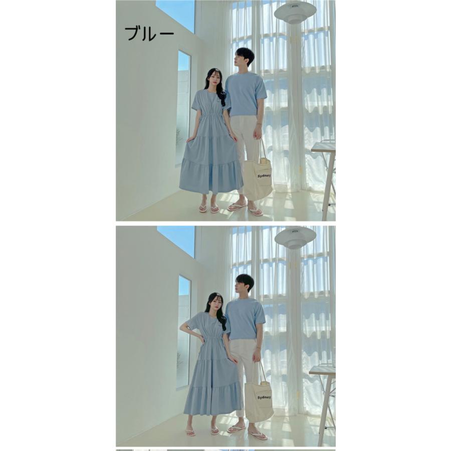 ペアルック Tシャツ カップル ワンピース ロング丈 お揃い 半袖 夏 ペア 可愛い おでかけコーデ  新婚旅行 ペアＴシャツ 着痩せ |  | 03