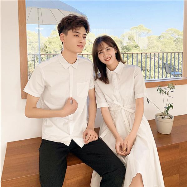 ペアルック シャツ カップル ワンピース ミモレ丈 お揃い 半袖 ペア 可愛い おでかけコーデ おしゃれ ペアシャツ 着痩せ ご夫婦 |  | 03