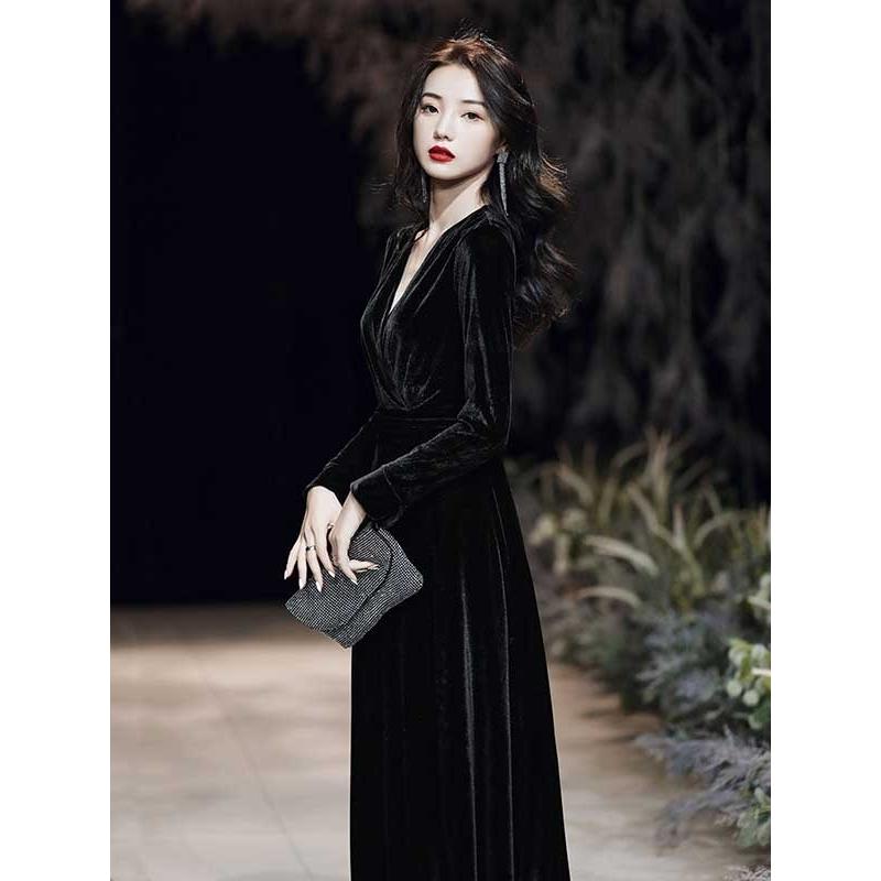 Vネック ドレス 大人 ピアノ 発表会 ロング丈 ベルベット 冬向き