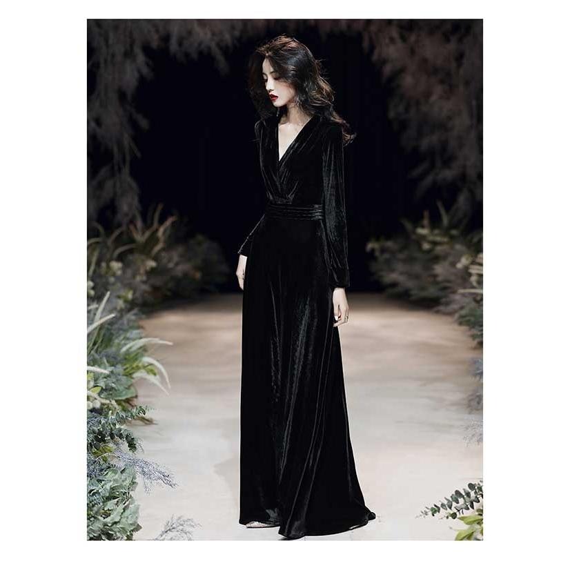 長袖 ベルベット クラシック Vネック ワンピース ドレス 大人 Vネック ドレス 大人 ピアノ 発表会 ロング丈 ベルベット 冬向き