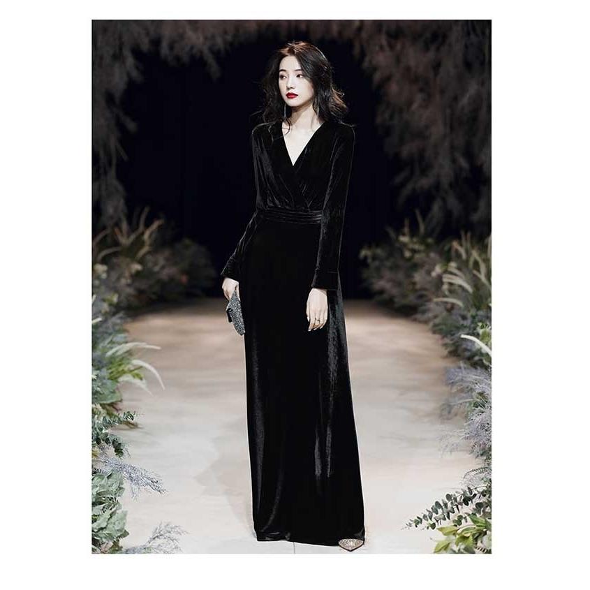 Vネック ドレス 大人 ピアノ 発表会 ロング丈 ベルベット 冬向き