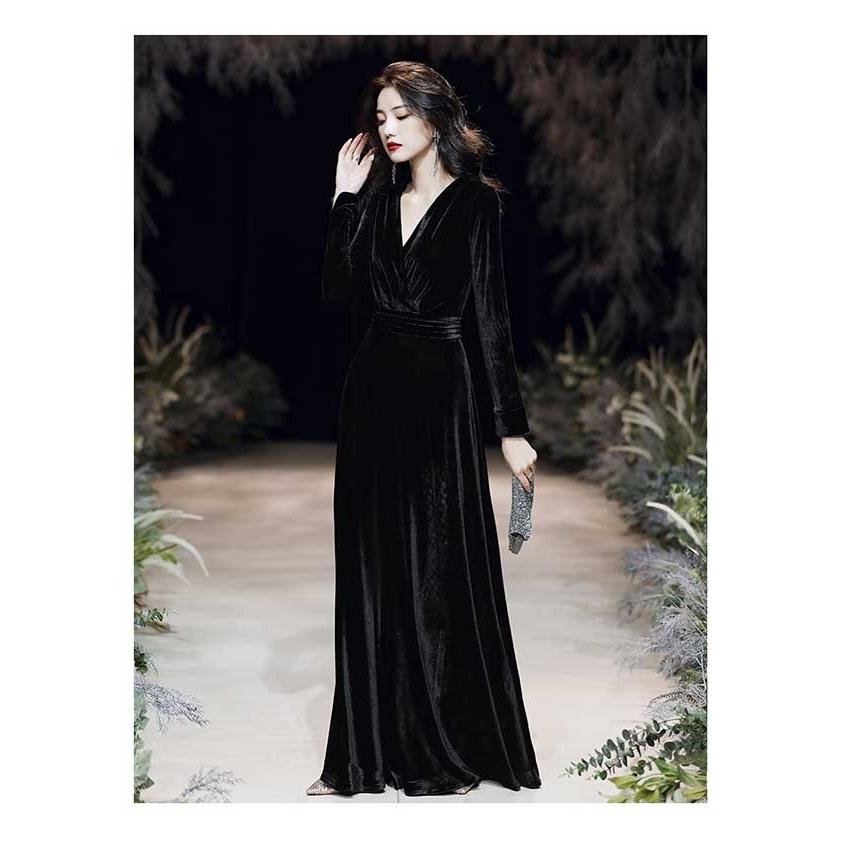 Vネック ドレス 大人 ピアノ 発表会 ロング丈 ベルベット 冬向き