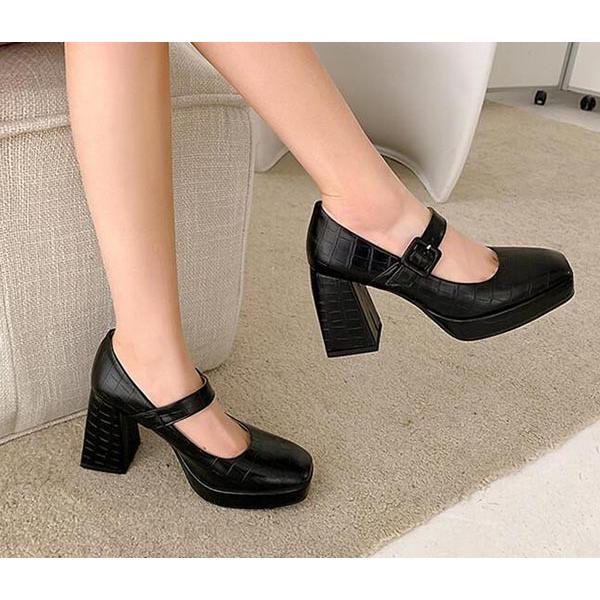 厚底 パンプス ロリータ靴 お嬢様 超美脚 スクエアトゥ 太ヒール