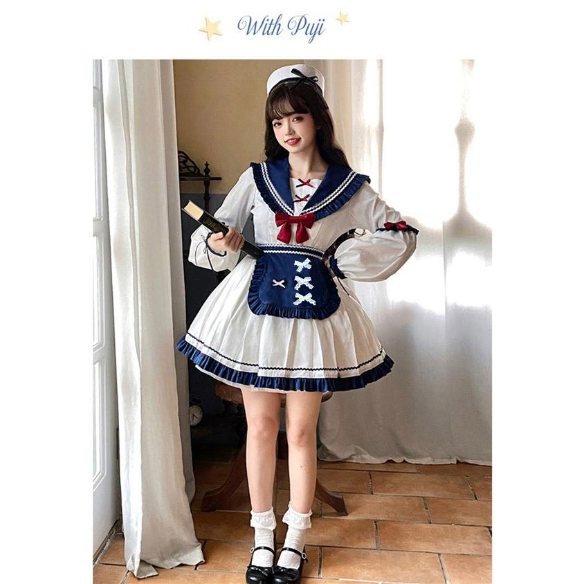 レディース 春秋ワンピース セーラー 長袖 可愛いロリータワンピース 長袖 ハロウィン 文化祭 学園祭 姫様 ゴスロリ 日系 Aラインの画像
