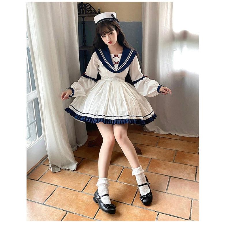 レディース 春秋ワンピース セーラー 長袖 可愛いロリータワンピース 長袖 ハロウィン 文化祭 学園祭 姫様 ゴスロリ 日系 Aラインの画像