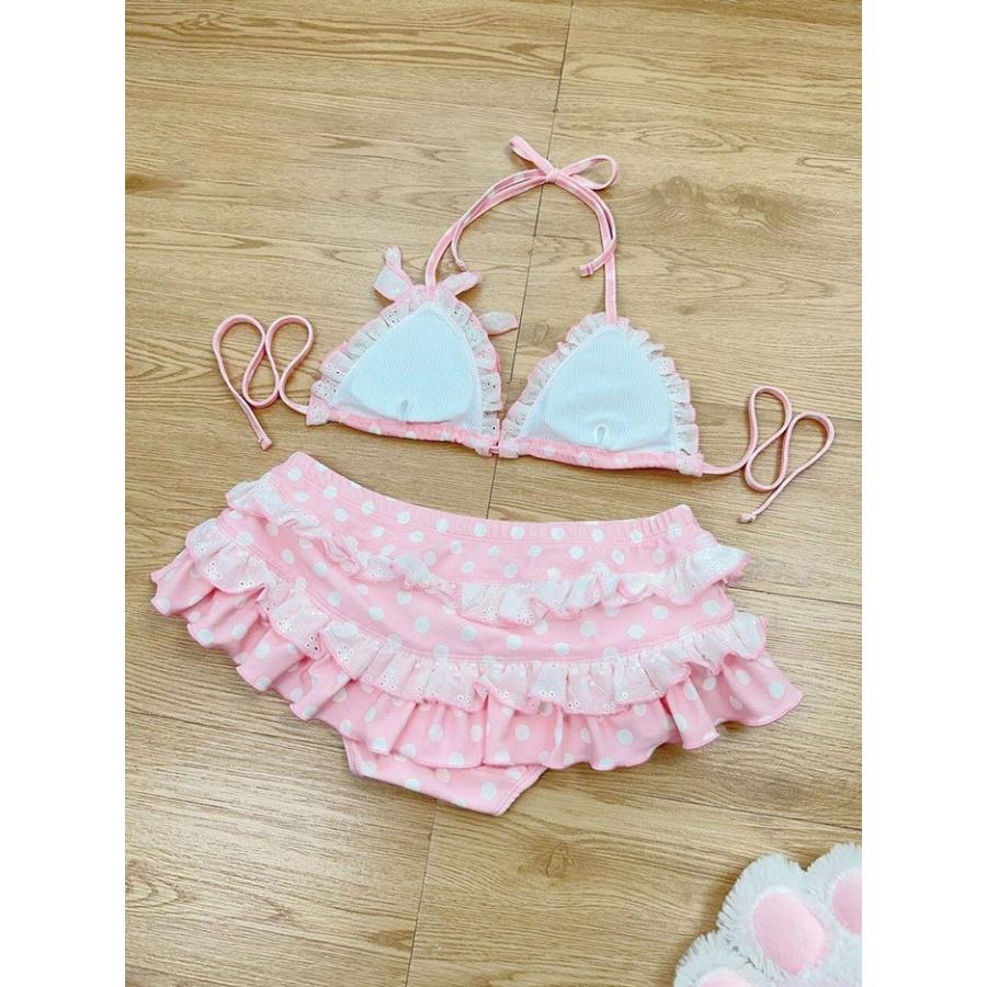 水着 レディース ビキニ いちご 柄 ドット 水玉 フリル レース