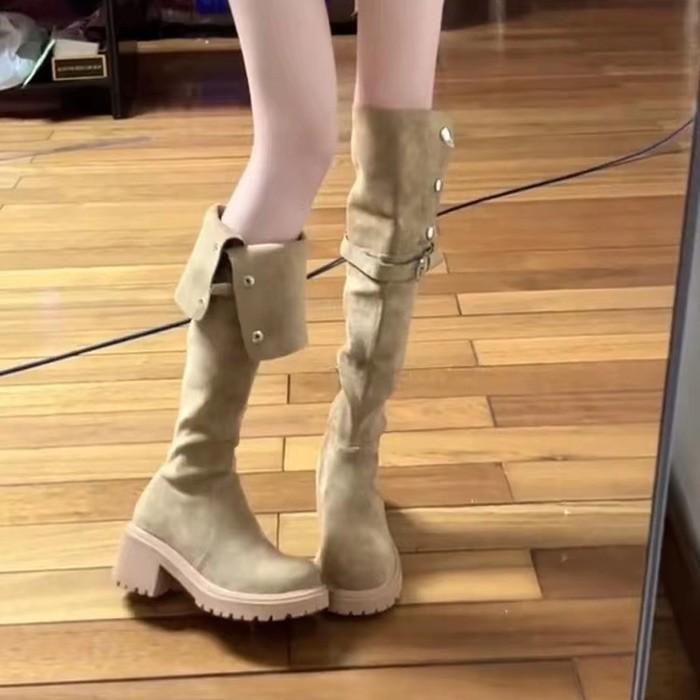 ロングブーツ レディース ニーハイブーツ スエード調 厚底 太ヒール 美脚 ストレッチ ブーツ 22.5-25.0cm 秋冬 ブラック ライトブラウン ダークブラウン |  | 05