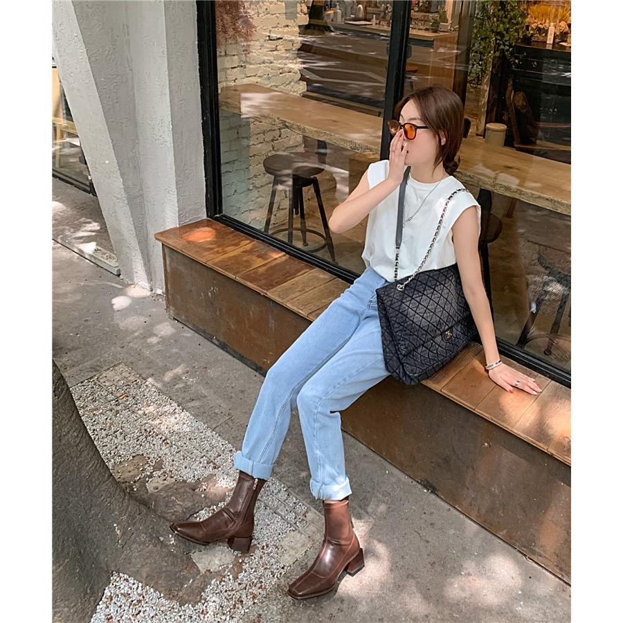 ショートブーツ レディース  スクエアトゥ 中ヒール ブラウン 太ヒール 細見え ストレッチブーツ 秋冬 おしゃれ 大人 ブラウン/ブラック |  | 06