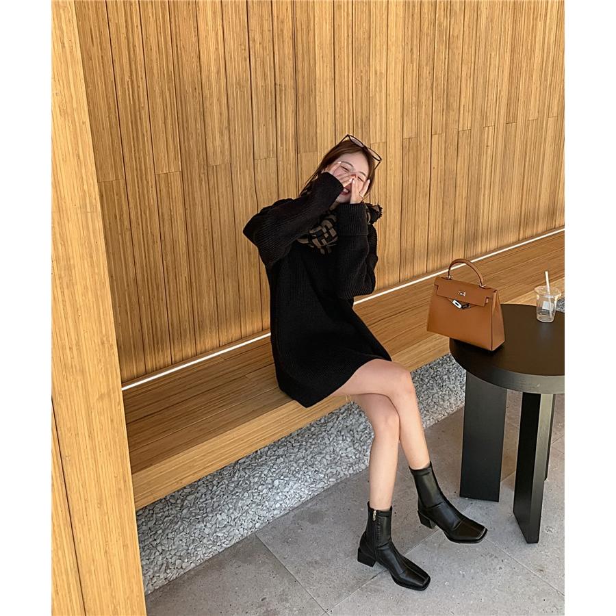 ショートブーツ レディース  スクエアトゥ 中ヒール ブラウン 太ヒール 細見え ストレッチブーツ 秋冬 おしゃれ 大人 ブラウン/ブラック |  | 07