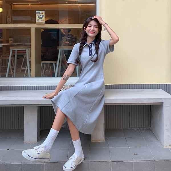 ワンピース レディース ベージュ グレー ネイビー 襟付き 半袖 夏