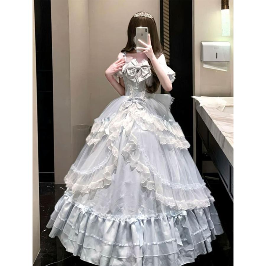 ロリータワンピース レディース Lolita 甘ロリ ゴスロリ ドレス S〜LL オフショルダー フリル 膝下〜ロング丈 パーティー かわいい 上品 フェミニン ブルー_1