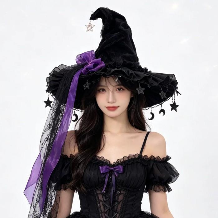 魔女 帽子 レディース ロリータ ゴスロリ 魔女帽子 とんがり帽子 ハロウィン コスプレ 仮装 レース 星飾り リボン ブラック パープル レッド グリーン |  | 10