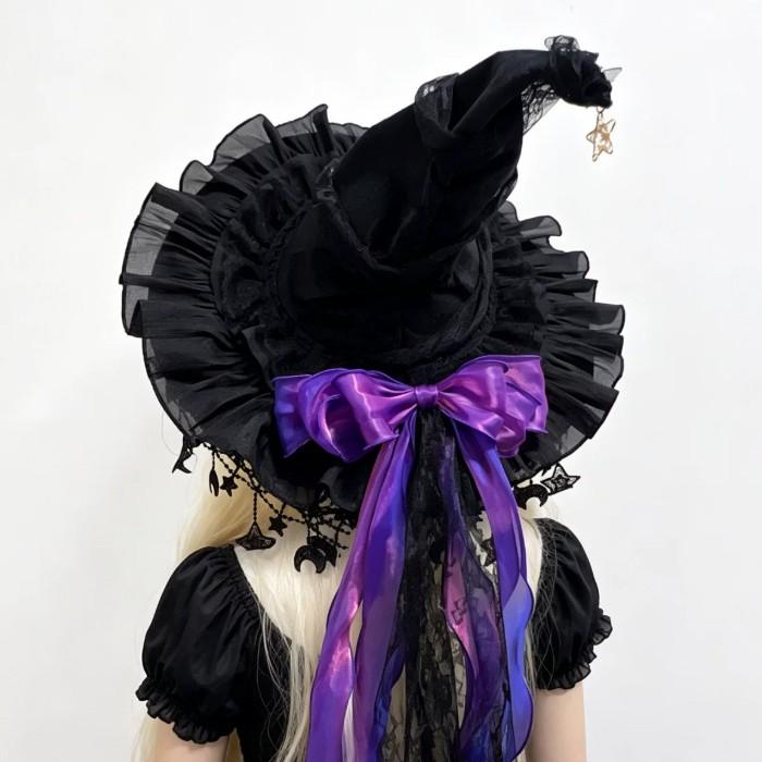 魔女 帽子 レディース ロリータ ゴスロリ 魔女帽子 とんがり帽子 ハロウィン コスプレ 仮装 レース 星飾り リボン ブラック パープル レッド グリーン |  | 11