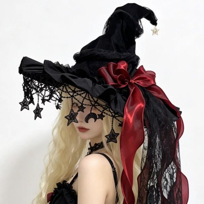 魔女 帽子 レディース ロリータ ゴスロリ 魔女帽子 とんがり帽子 ハロウィン コスプレ 仮装 レース 星飾り リボン ブラック パープル レッド グリーン |  | 13