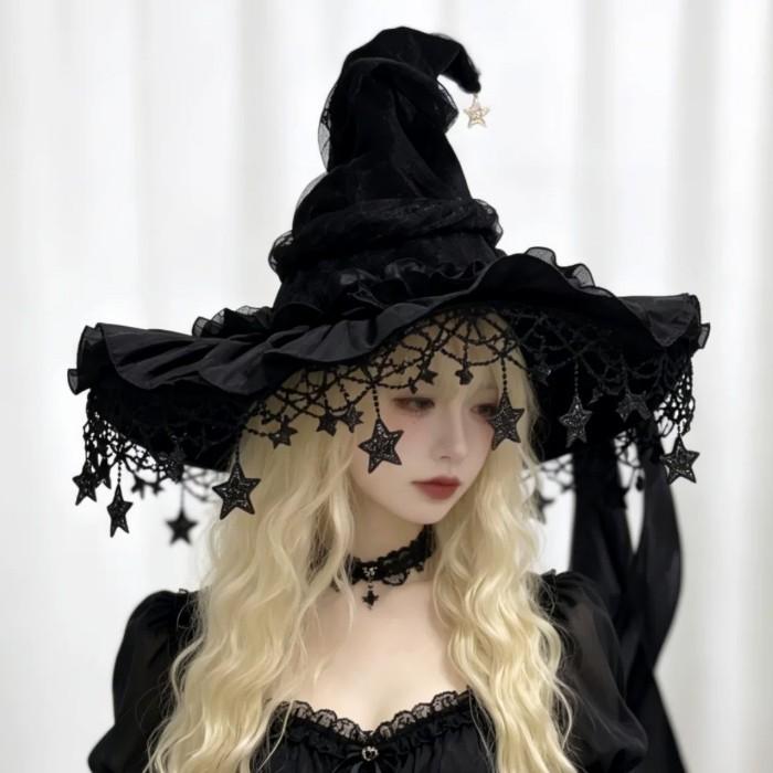 魔女 帽子 レディース ロリータ ゴスロリ 魔女帽子 とんがり帽子 ハロウィン コスプレ 仮装 レース 星飾り リボン ブラック パープル レッド グリーン |  | 03