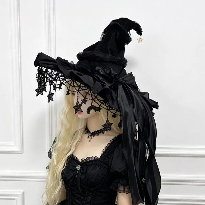 魔女 帽子 レディース ロリータ ゴスロリ 魔女帽子 とんがり帽子 ハロウィン コスプレ 仮装 レース 星飾り リボン ブラック パープル レッド グリーン |  | 04