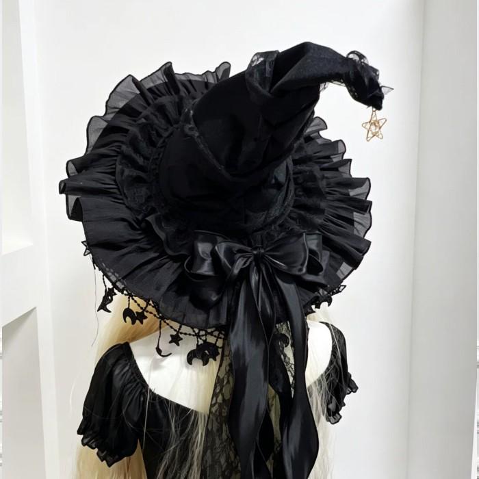 魔女 帽子 レディース ロリータ ゴスロリ 魔女帽子 とんがり帽子 ハロウィン コスプレ 仮装 レース 星飾り リボン ブラック パープル レッド グリーン |  | 05