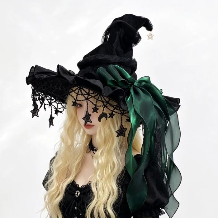 魔女 帽子 レディース ロリータ ゴスロリ 魔女帽子 とんがり帽子 ハロウィン コスプレ 仮装 レース 星飾り リボン ブラック パープル レッド グリーン |  | 06