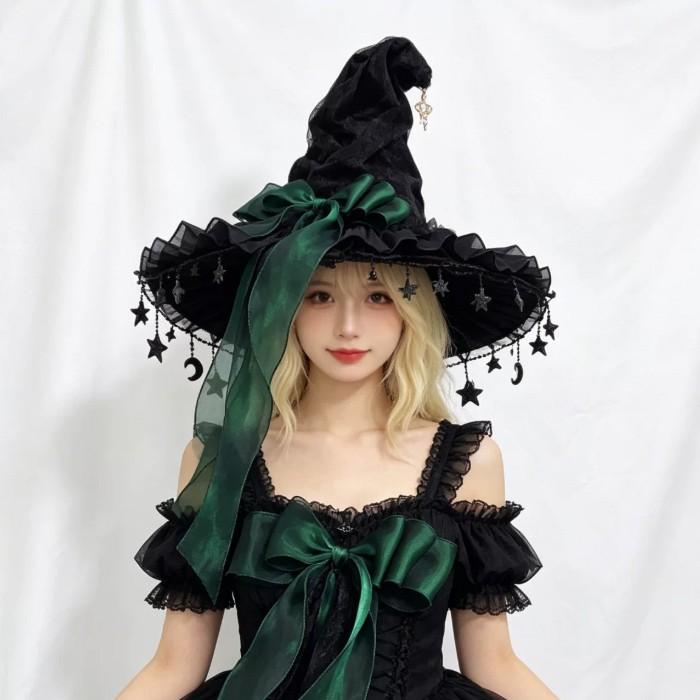魔女 帽子 レディース ロリータ ゴスロリ 魔女帽子 とんがり帽子 ハロウィン コスプレ 仮装 レース 星飾り リボン ブラック パープル レッド グリーン |  | 07