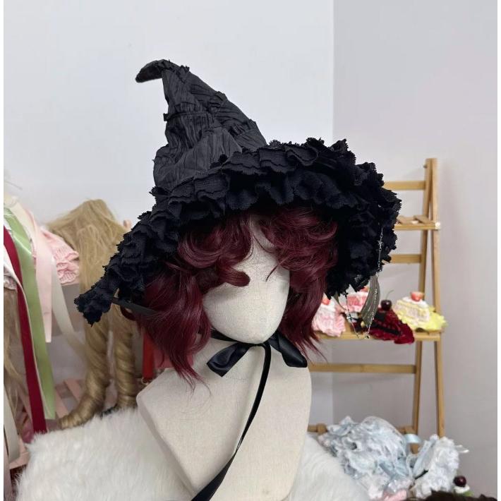魔女帽子 ハロウィン 帽子 コスプレ ゴシック ロリータ レディース 魔法使い 仮装 小物 リボン付き チェーン付き レース ハット レッド パープル ブラック |  | 09