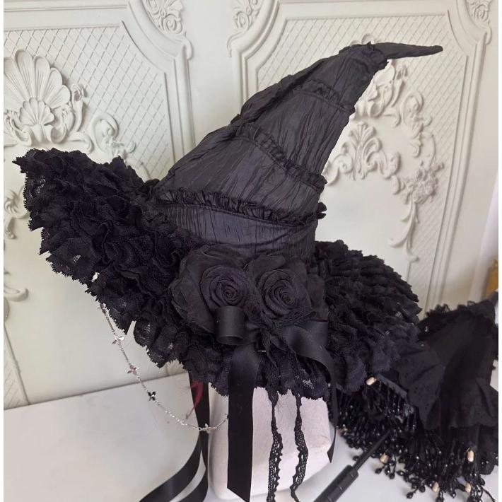 魔女帽子 ハロウィン 帽子 コスプレ ゴシック ロリータ レディース 魔法使い 仮装 小物 リボン付き チェーン付き レース ハット レッド パープル ブラック |  | 02