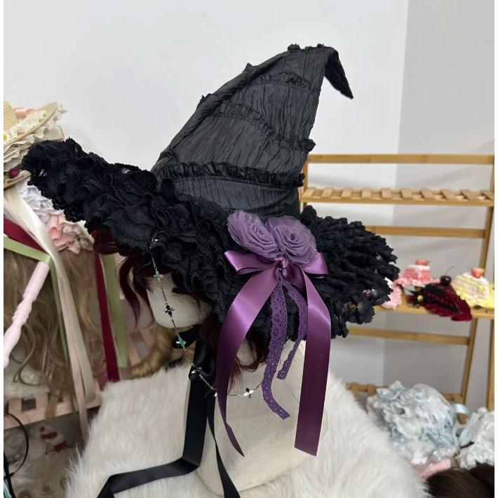 魔女帽子 ハロウィン 帽子 コスプレ ゴシック ロリータ レディース 魔法使い 仮装 小物 リボン付き チェーン付き レース ハット レッド パープル ブラック |  | 04