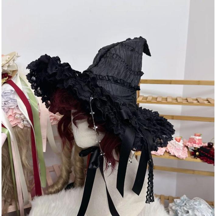 魔女帽子 ハロウィン 帽子 コスプレ ゴシック ロリータ レディース 魔法使い 仮装 小物 リボン付き チェーン付き レース ハット レッド パープル ブラック |  | 05