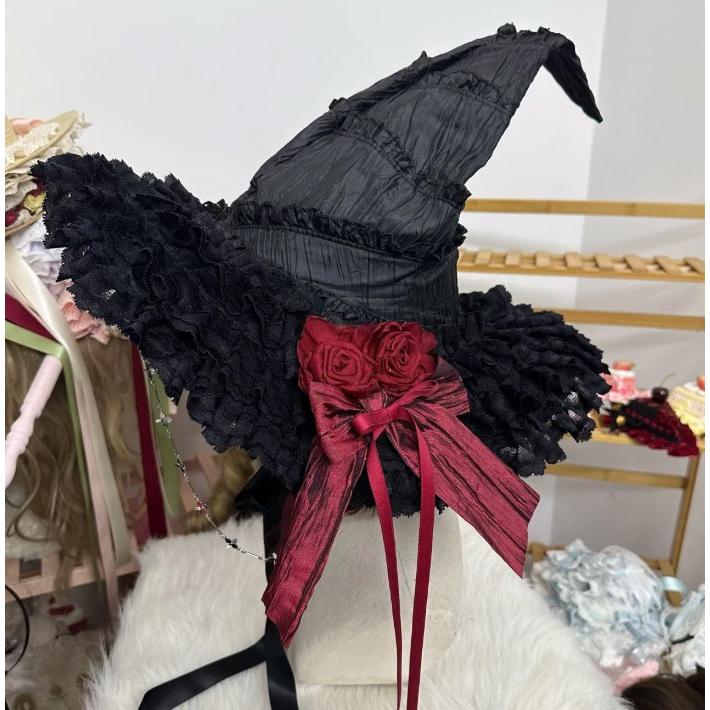 魔女帽子 ハロウィン 帽子 コスプレ ゴシック ロリータ レディース 魔法使い 仮装 小物 リボン付き チェーン付き レース ハット レッド パープル ブラック |  | 06