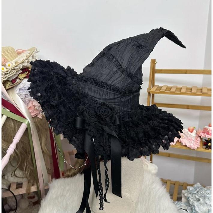 魔女帽子 ハロウィン 帽子 コスプレ ゴシック ロリータ レディース 魔法使い 仮装 小物 リボン付き チェーン付き レース ハット レッド パープル ブラック |  | 07