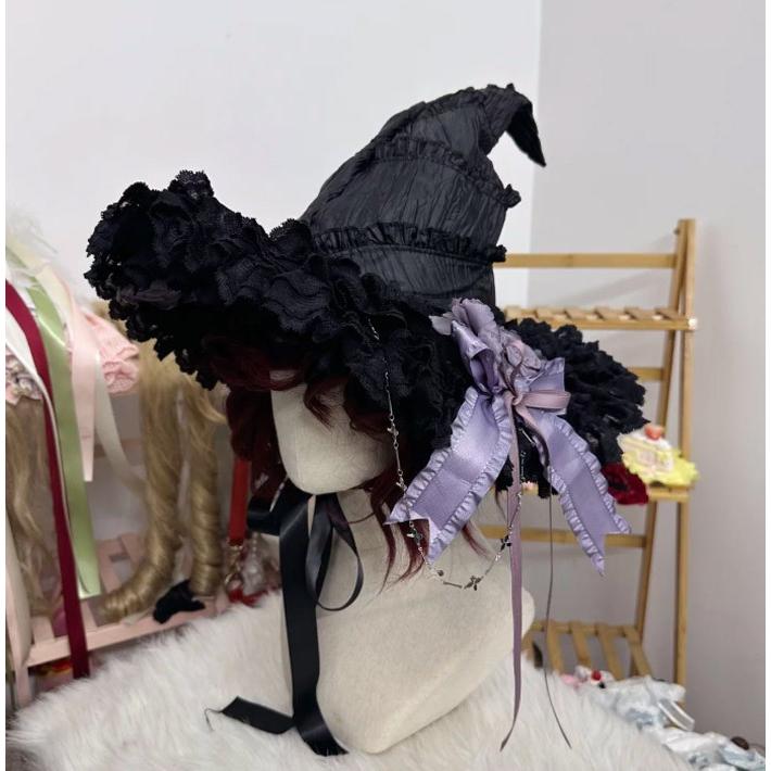 魔女帽子 ハロウィン 帽子 コスプレ ゴシック ロリータ レディース 魔法使い 仮装 小物 リボン付き チェーン付き レース ハット レッド パープル ブラック |  | 08