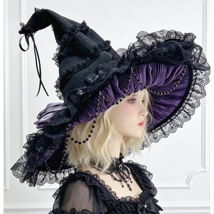 魔女帽子 ハロウィン 帽子 ゴシック ロリータ レディース ウィッチハット コスプレ 仮装 魔法使い おしゃれ レース ハット ピンク パープル ホワイト ブラック |  | 03