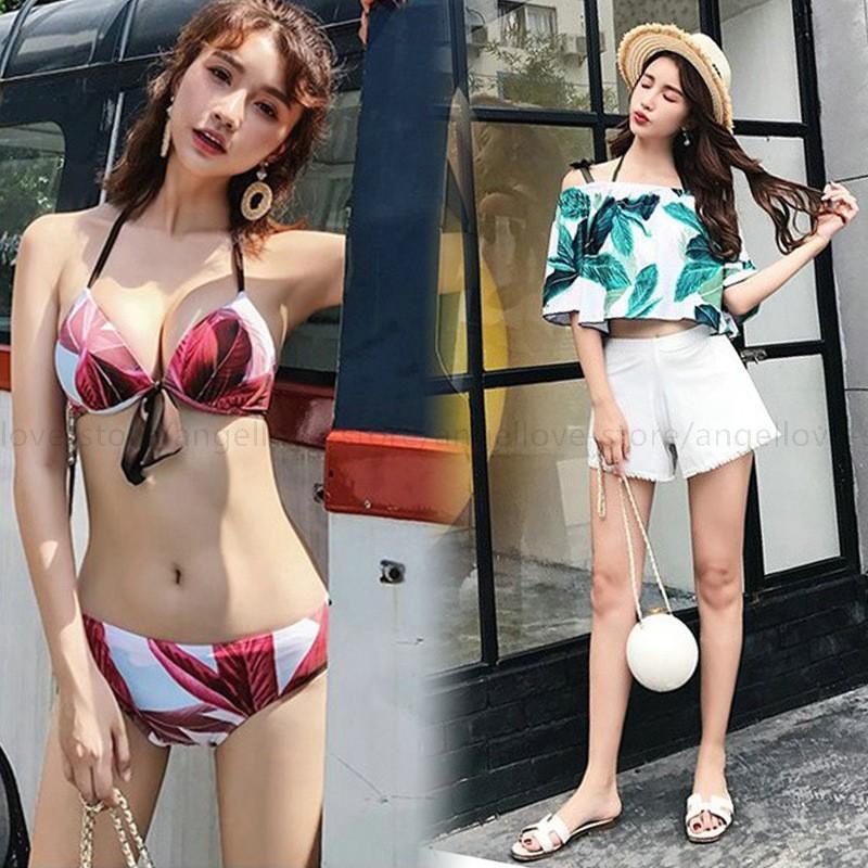 最新人気 水着 レディース 体型カバー 水着 タンキニ 4点セット セパレート 三角ビキニ 葉柄 水着 スイムウェア 女性用 ママ 40代可愛い セクシー 海水浴 温泉 2色 早割クーポン Turningheadskennel Com