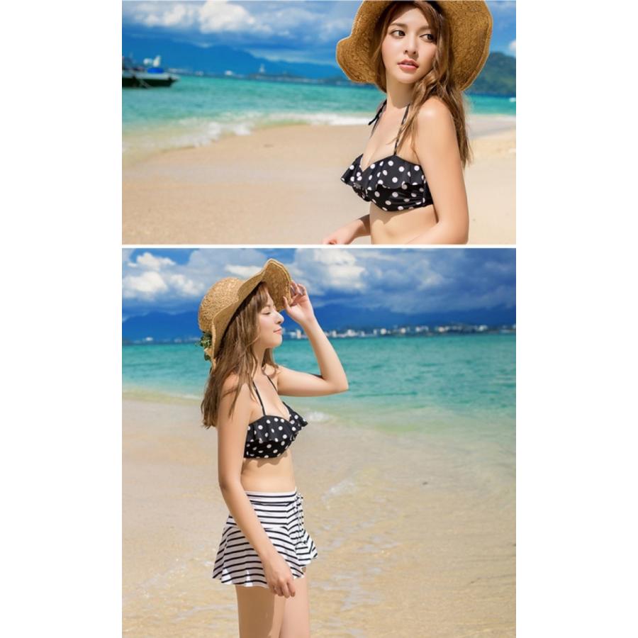 レディース 水着 ドット ボーダー柄 スカパン付き ビキニ 3点セット