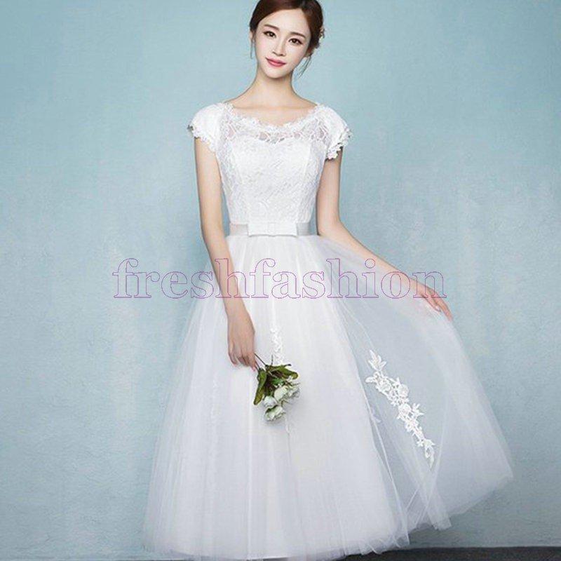 二次会ウェディングドレス結婚式花嫁ミモレ丈ドレス披露宴プリンセスライン刺繍二次会白ワンピース 割引クーポン