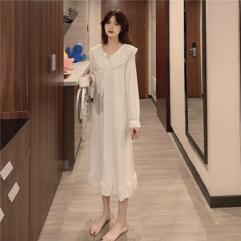 競売 ルームウェア レディース 秋冬 長袖ワンピース パジャマ ゆったりネグリジェ 部屋着 ナイトロープ ガウン 可愛い 暖かい ネグリジェ カラー ホワイト Www We Job Com