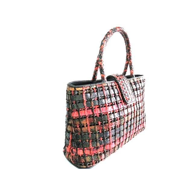 IT 状態良好 高級 本物 へび革 格子状 ハンドバッグ 33cm レッド