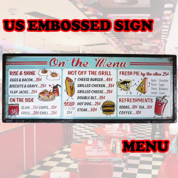 アメリカン ダイナー エンボス メタルサイン MENU 【メニュー】アメ