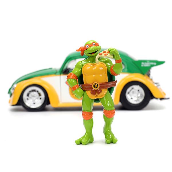 ニンジャ タートルズ ミニカー 1/24 ミケランジェロ フィギュア付 ワーゲンビートル JADA TOYS TURTLES 1959 VW DRAG BEETLE グッズ 車 おもちゃ アメトイ｜funandfunny｜04