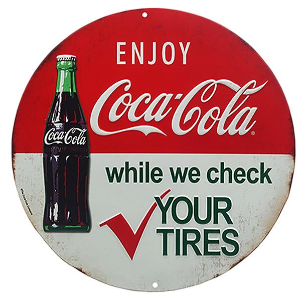 コカコーラ 看板 ブリキ看板 Coca Cola TIRE CHECK コカ・コーラ グッズ 丸型  アンティーク ガレージ サインプレート 壁飾り アメリカン雑貨｜funandfunny｜02