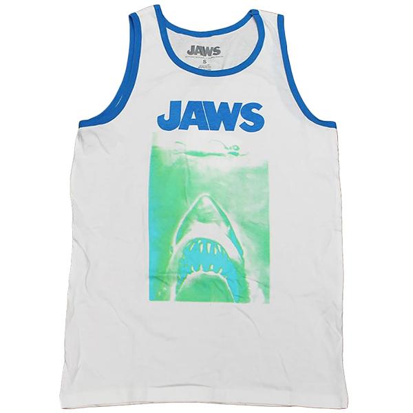 【希少】公式ライセンス JAWS ジョーズ タンクトップ 両面プリント 美品 Ｌ メンズ タンクトップ ジョーズ ホワイト アメリカSサイズ TANK TOP