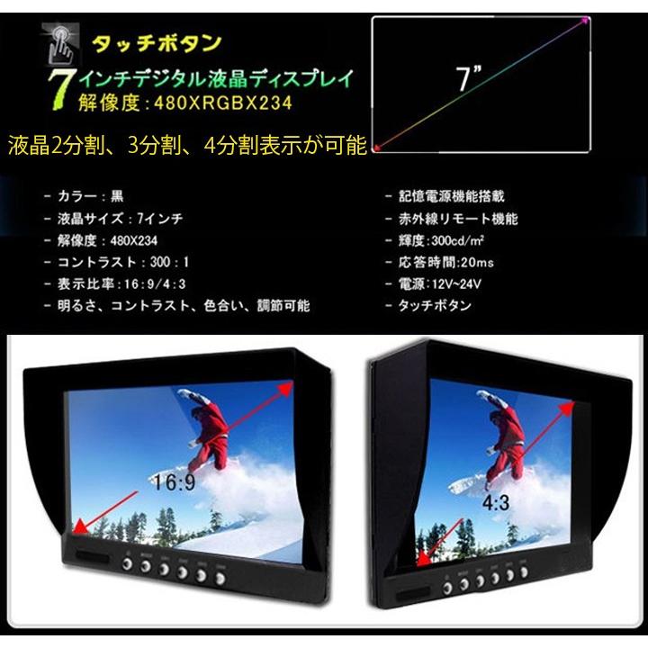 バックカメラモニターセット CMOSカメラ4台 7インチ4分割表示液晶 防水