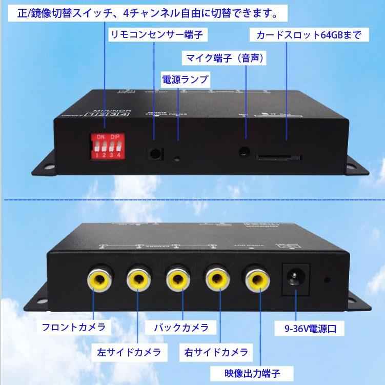 車載DVRレコーダー 100万解像度録画 4分割 CVBS映像 正像 鏡像設定可