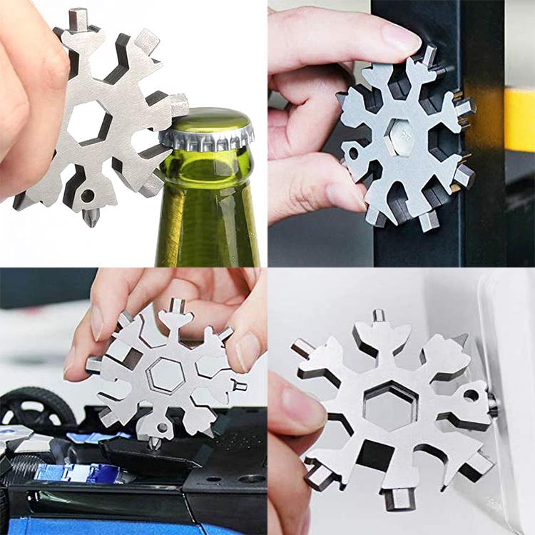 スノーフレーク型マルチツール 18in1 ドライバー/レンチ/スパナ/栓抜き 多機能ツール ステンレス製 超小型 万能工具 常備ツール 二重リング付 収納袋付 SND18IN1 |  | 02