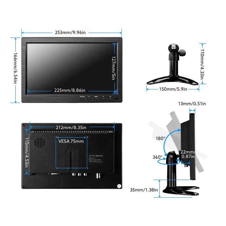10.1インチ汎用カラーモニター 車載モニタ 1024×600 広視野角 IPS HDMI