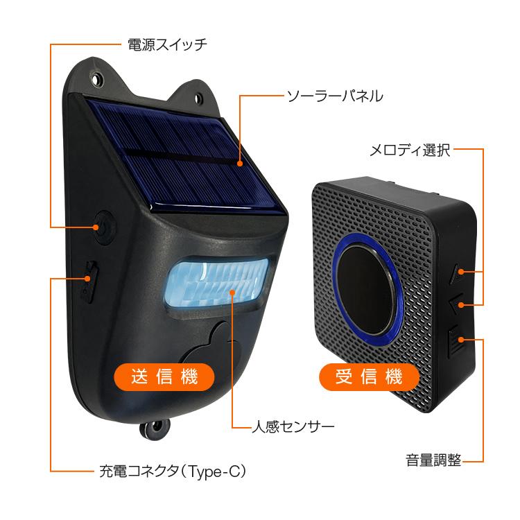 ワイヤレスチャイムセット 送信機1台+受信機2台 人感センサー ソーラー
