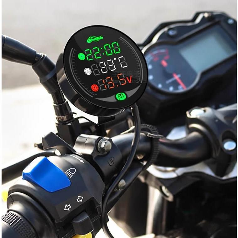 バイクマルチメーター5IN1 DC9-24V 電圧表示 温度 時計 ストップ