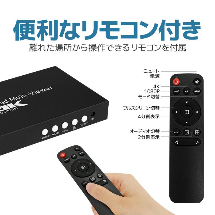 4K対応 4入力を1画面に分割表示 HDMI分配器セレクター リモコン付 画面