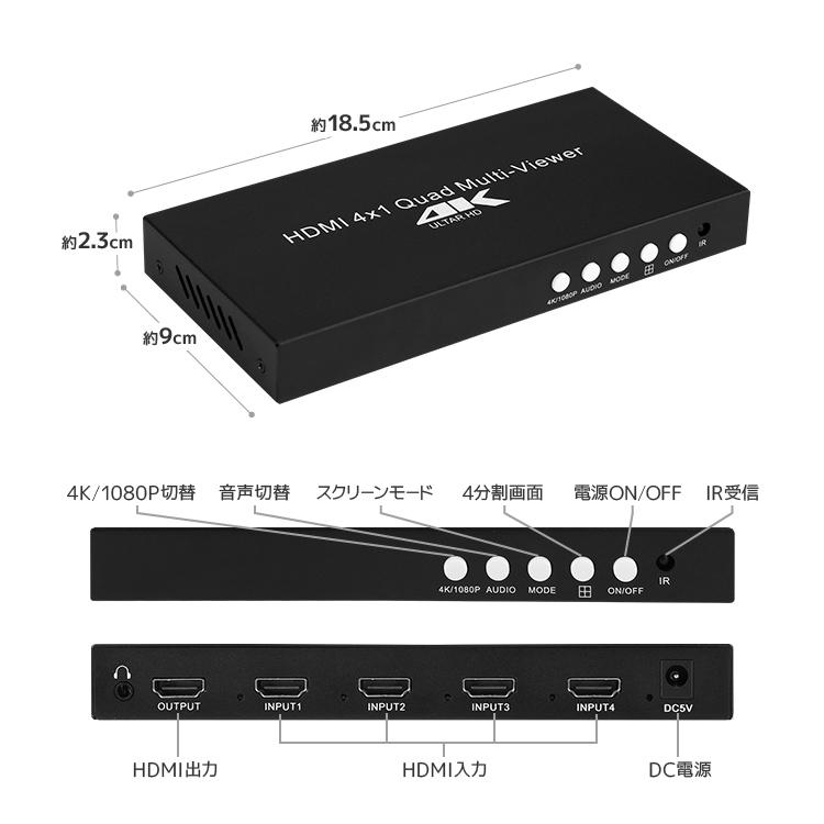 4K対応 4入力を1画面に分割表示 HDMI分配器セレクター リモコン付 画面